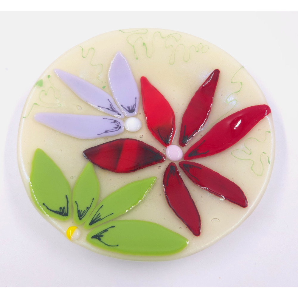 Vtg Fused Art Glass Floral Plate MCM Green White Purple Red APPLIED FLOWERS